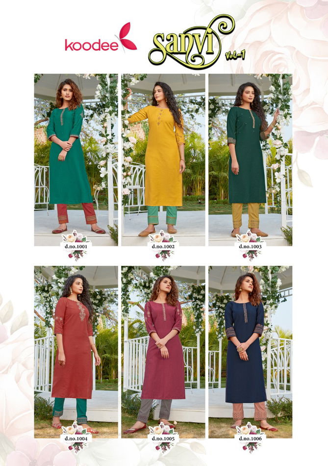 Koodee Sanvi 1 Latest fancy Festive Wear Viscose Embroidery Work Kurtis With Bottom Collection
